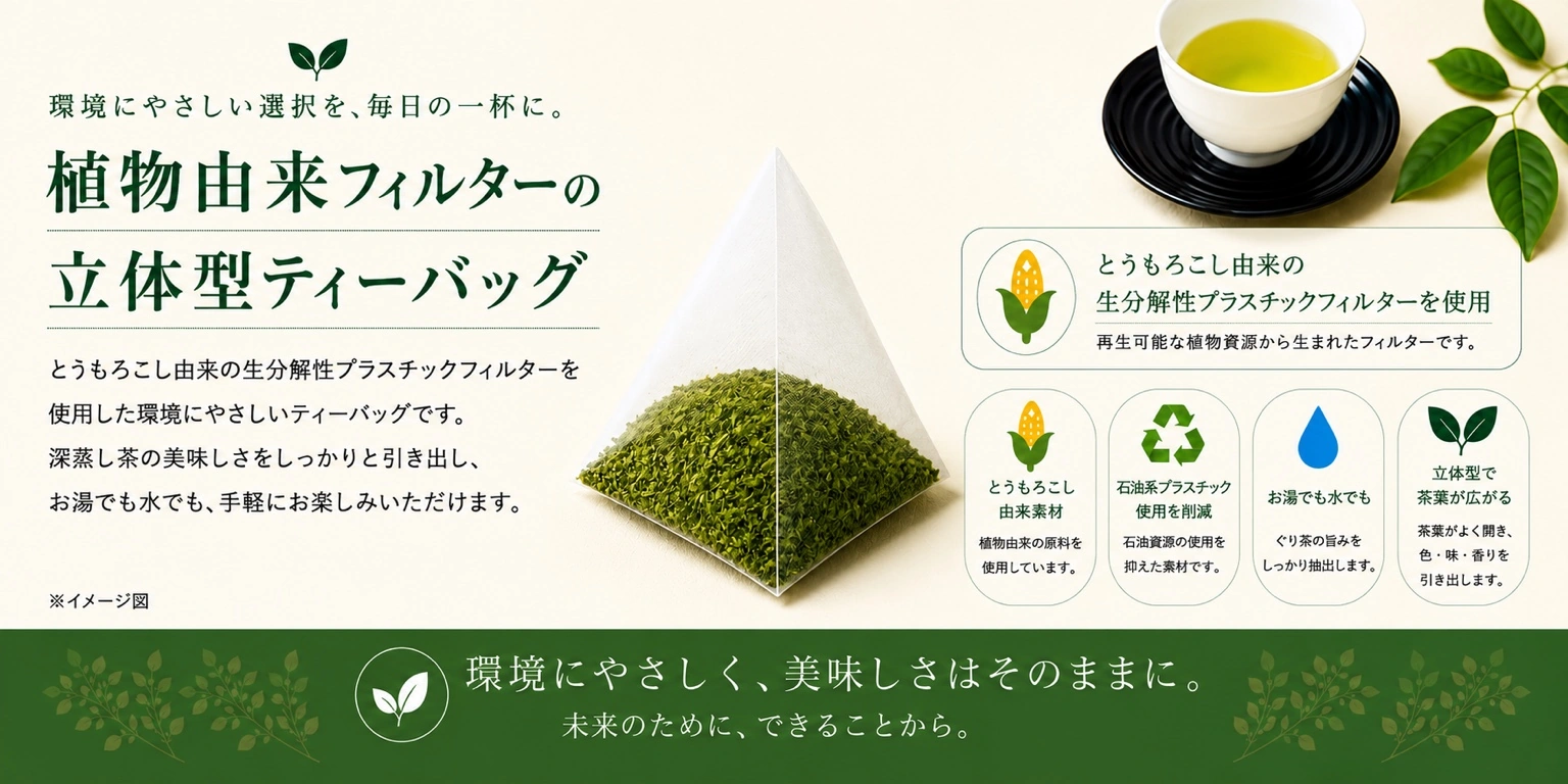トウモロコシ由来の生分解性素材を使用したひもなしティーバッグ説明画像