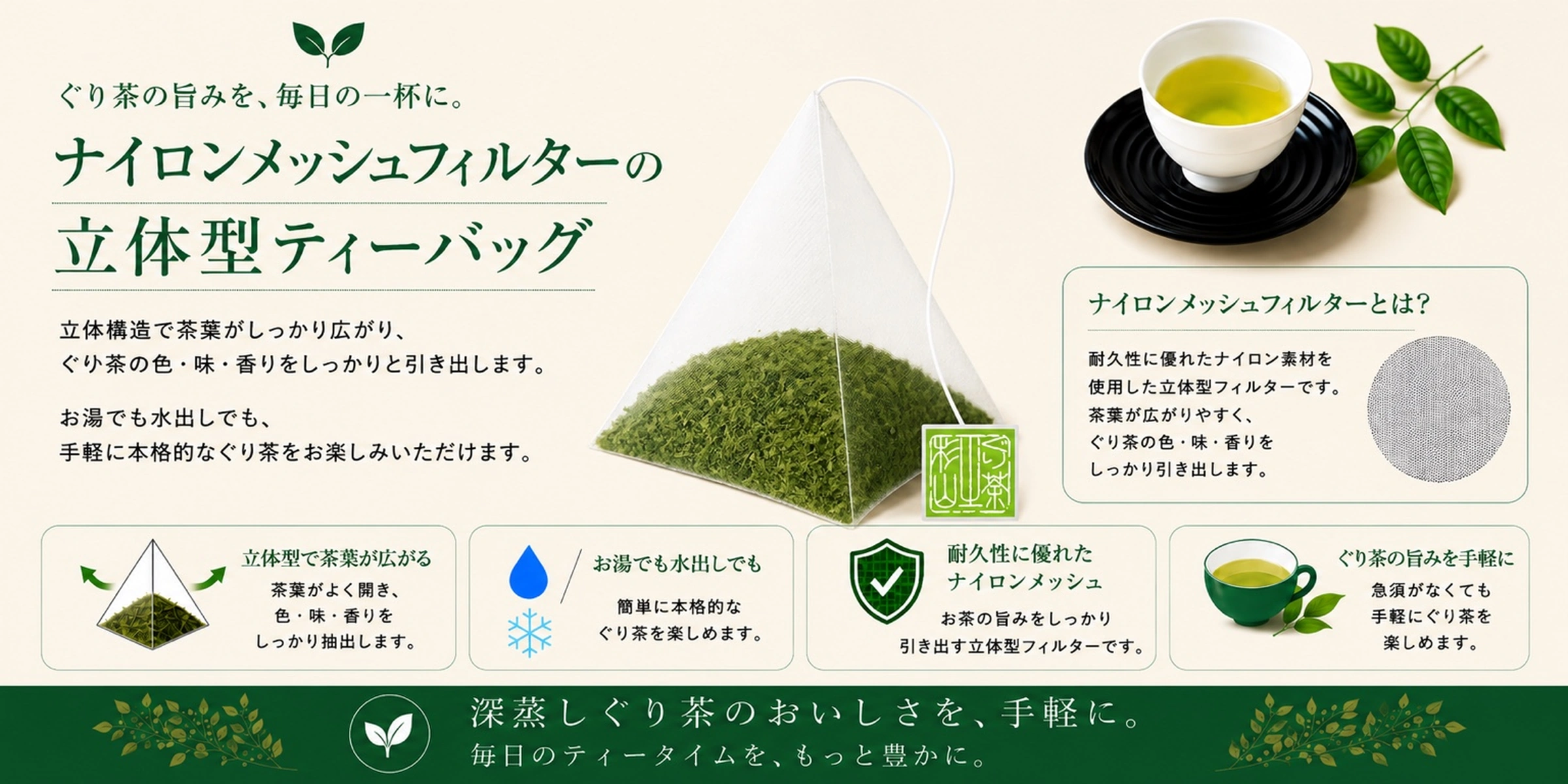 立体型ナイロンメッシュのひも付きティーバッグ説明画像