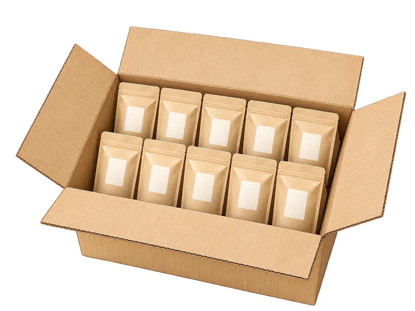 同じお茶10個を、ダンボール箱にまとめて梱包したイメージ